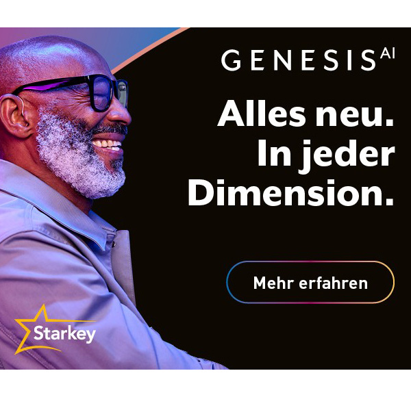 Genesis AI Banner mit Mann und Starkey Logo